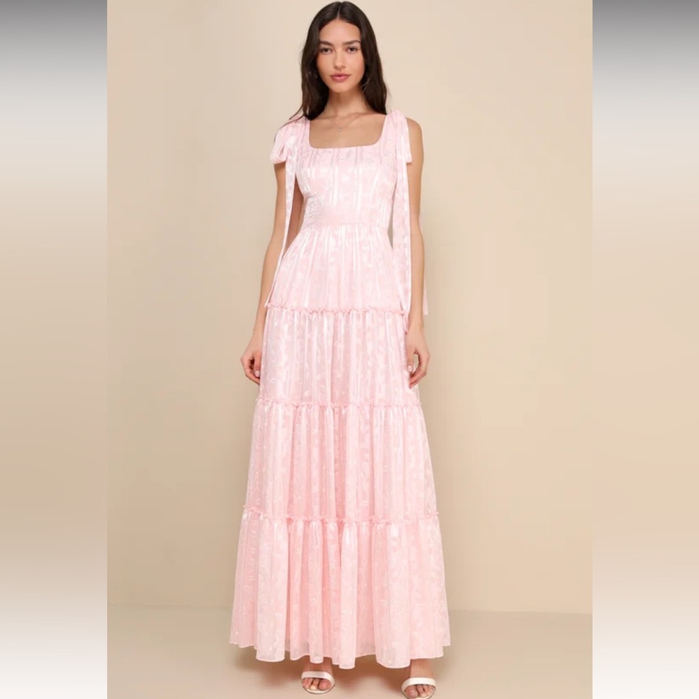 Lulus Blush Pink Picturesque Allure Floral Jacquard Tie-Strap Maxi Dress NWOT S